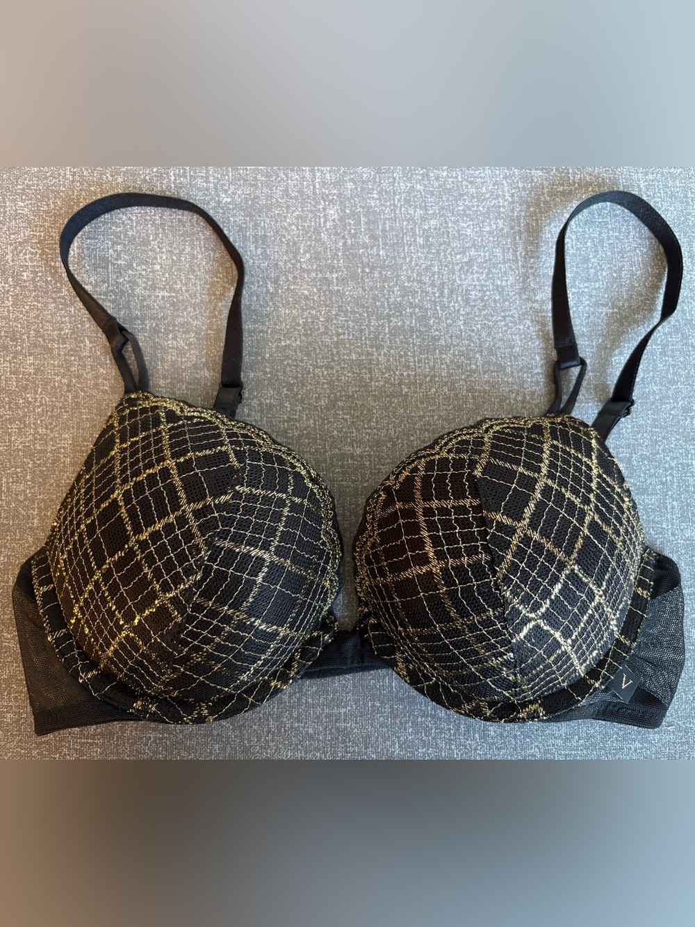 Victoria's Secret Black Push-up Bra with Gold Lattice Detail, Size 32C